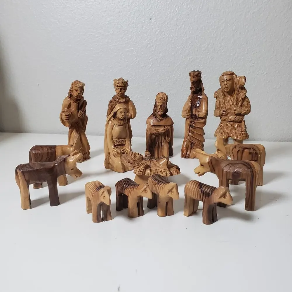 Hand Carved Wood 15PC Nativity Scene Neutral Tan Minimalist Rustic Aesthetic